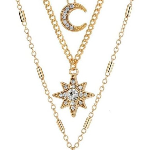 Layered Moon and Star Necklace Set, Gold-Tone Chain, Crystal Rhinestone Pendants - Picture 1 of 5